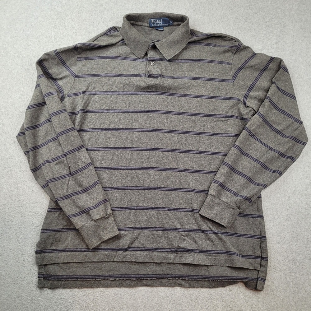 Polo Ralph Lauren Long Sleeve Polo Mens‎ Large Gray Striped Cotton 2495